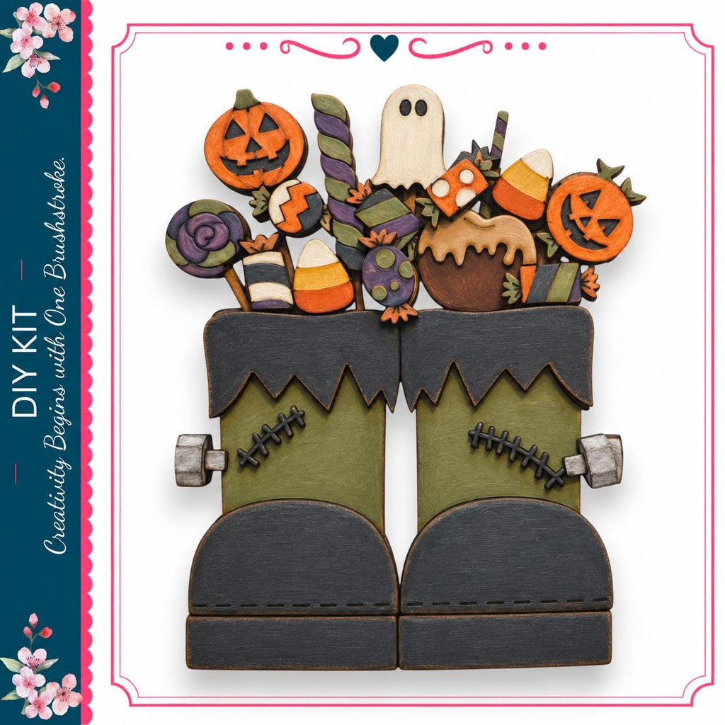 a pair of green monster boots with Halloween-themed decorations, including a jack-o-lantern, a ghost, and candy corn.