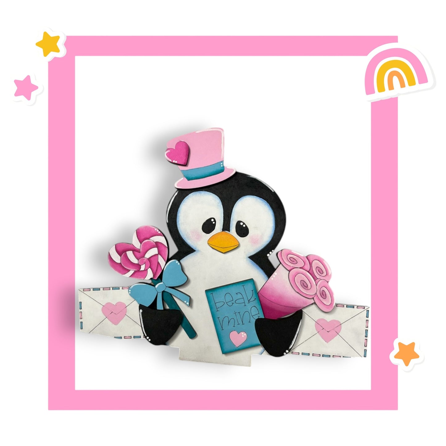 a penguin with a pink hat holding a candy box