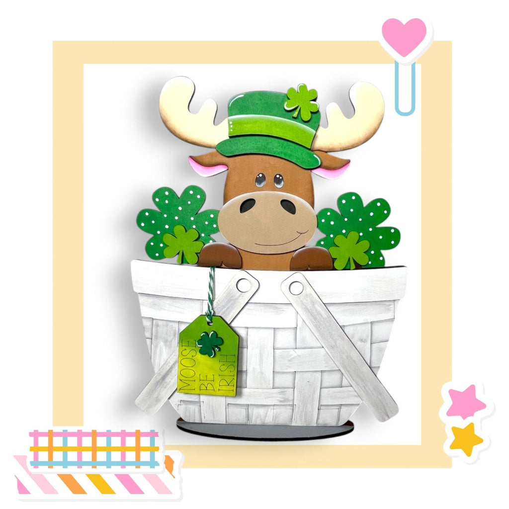 a st patrick's day card with a moose in a basket