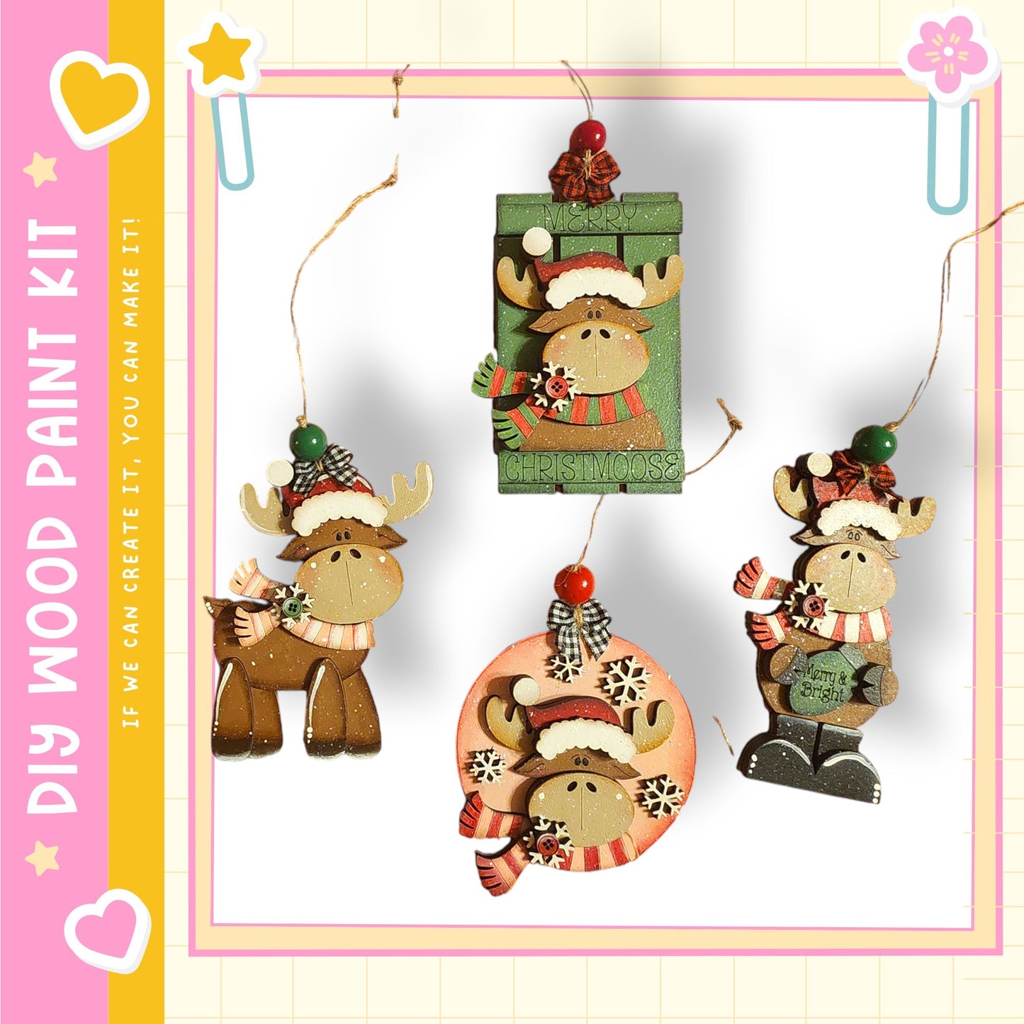 a collection of four wooden ornaments, each depicting a moose wearing a hat and scarf. The ornaments are hanging from strings, creating a festive and decorative display.
