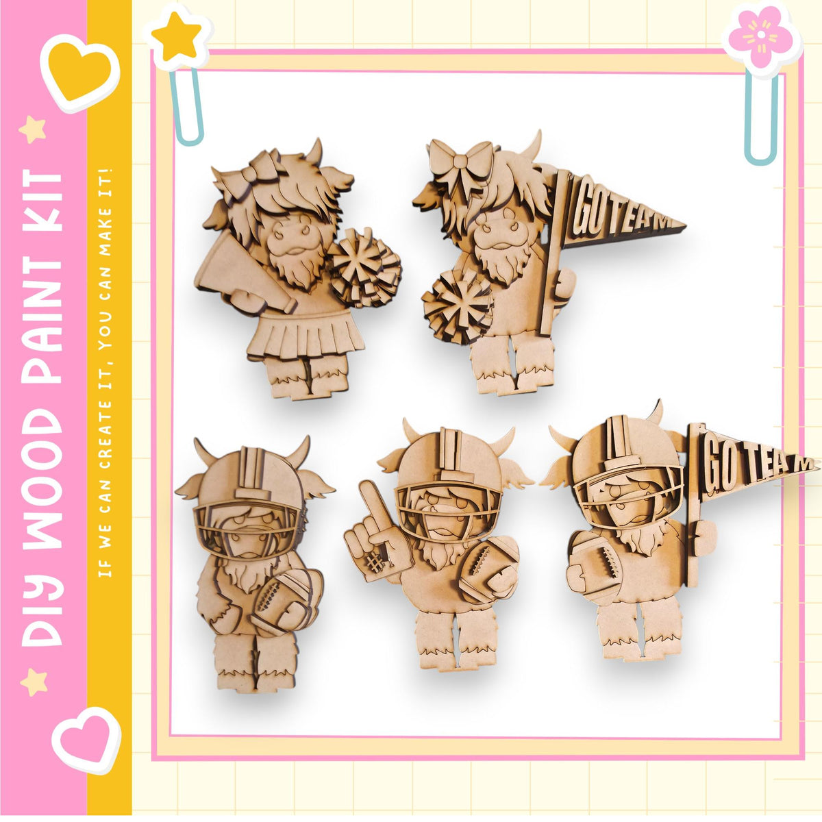 five wooden figurines, each depicting a different character, including a cheerleader, a Viking, and a football player.