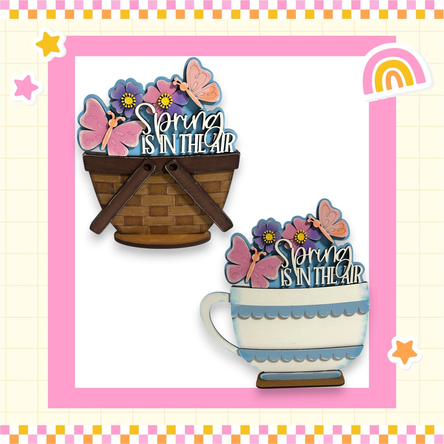 two wooden baskets filled with flowers, each containing a butterfly and the text "Spring is in the air".