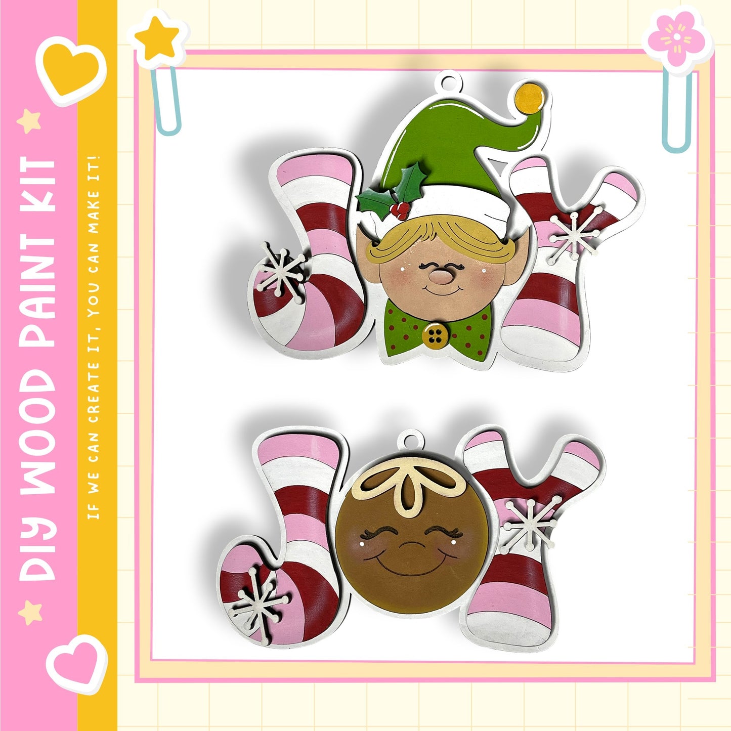 two ornaments shaped like a smiling elf and a cookie, both with a festive and cheerful design.