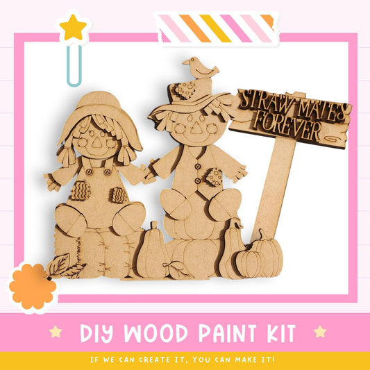 a DIY wood paint kit for creating wooden dolls, with a sign that says "STRAW MAES FOREVER".