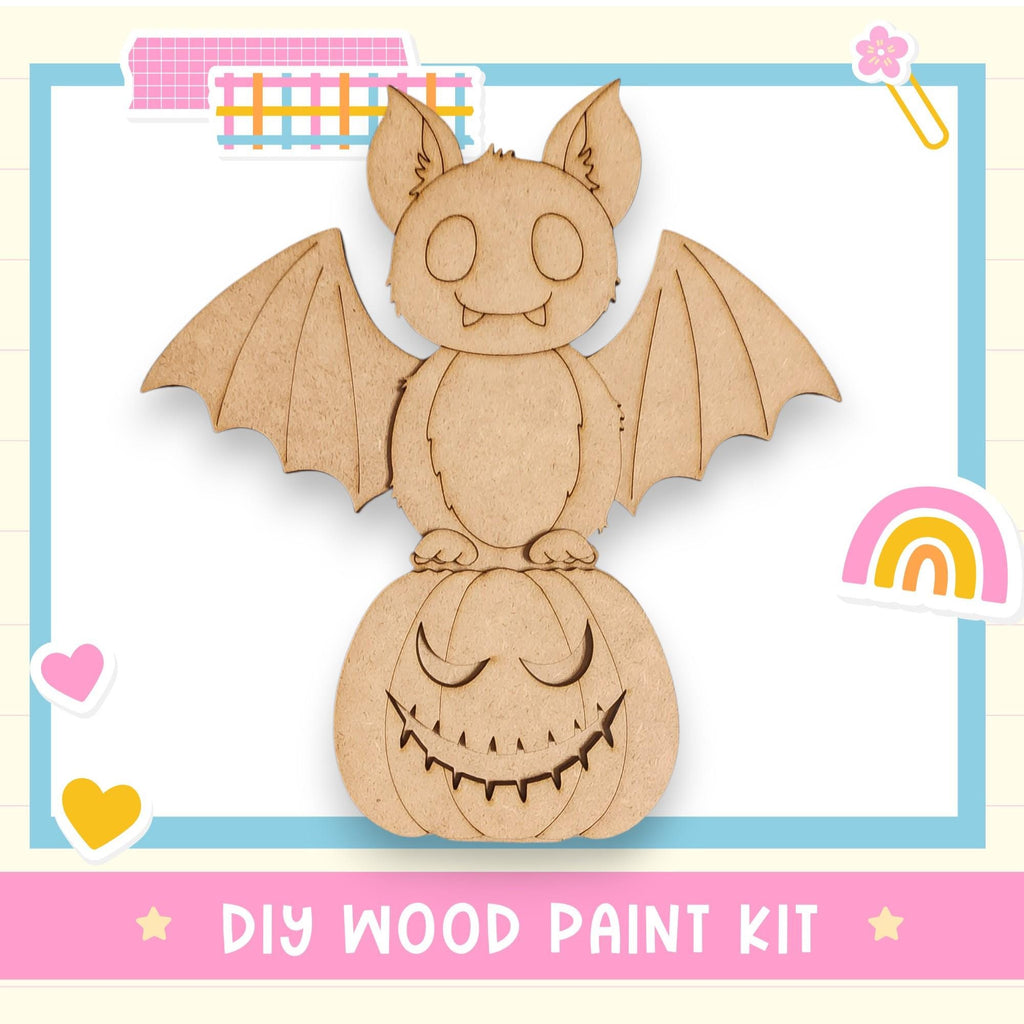 a DIY wood paint kit for creating a wooden bat and pumpkin.