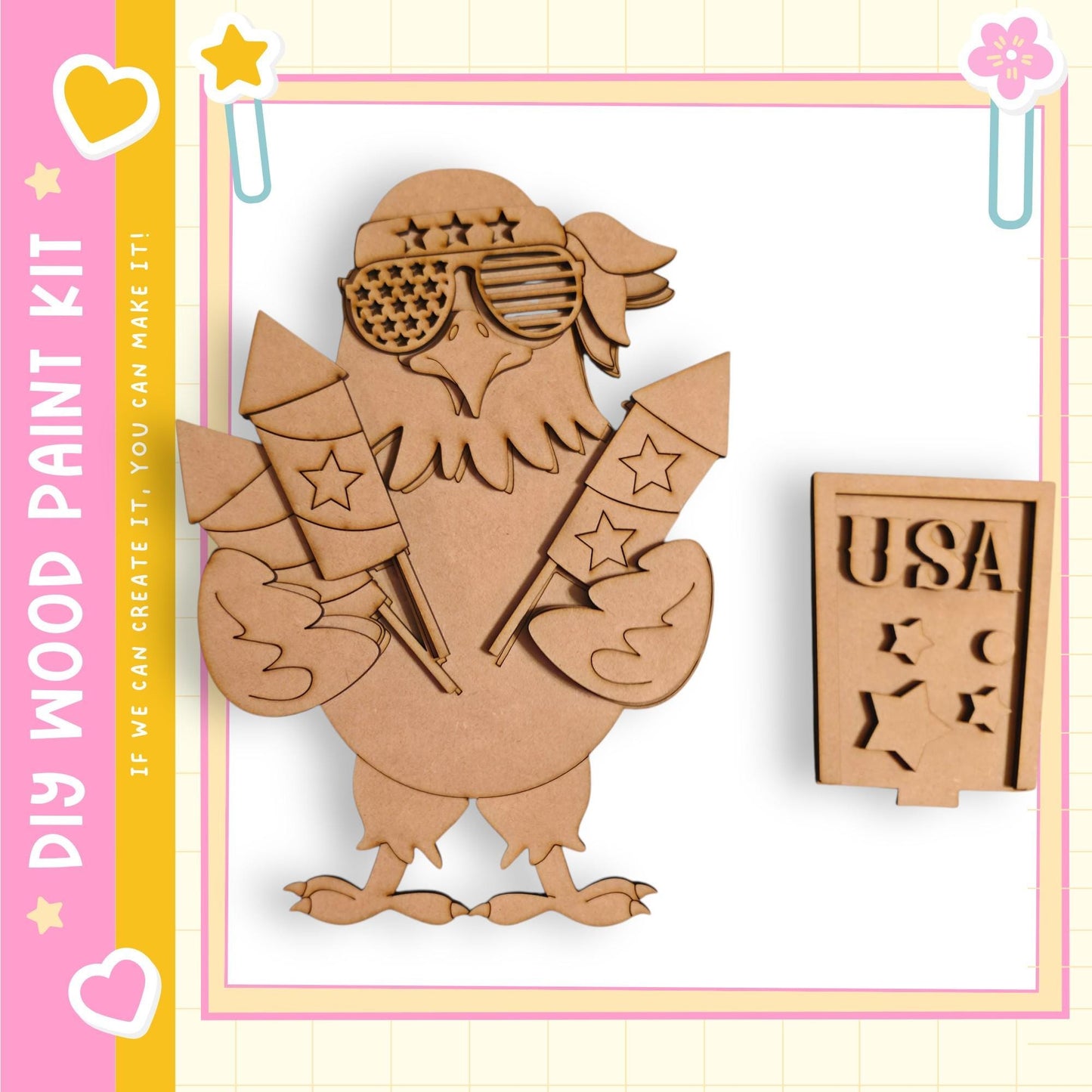 A wooden toy eagle holding fireworks and a sign that says "USA"