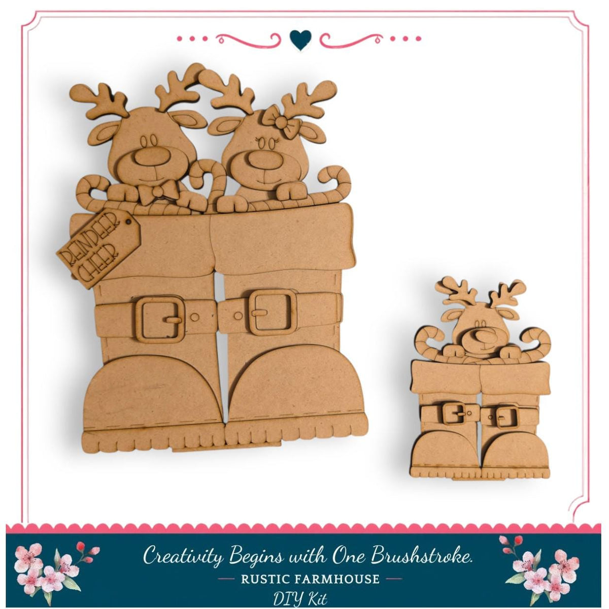 a DIY kit for creating wooden reindeer figures, including a pair of large reindeer and a smaller reindeer. The kit appears to be made of cardboard and is designed for crafting reindeer figures as a creative project.