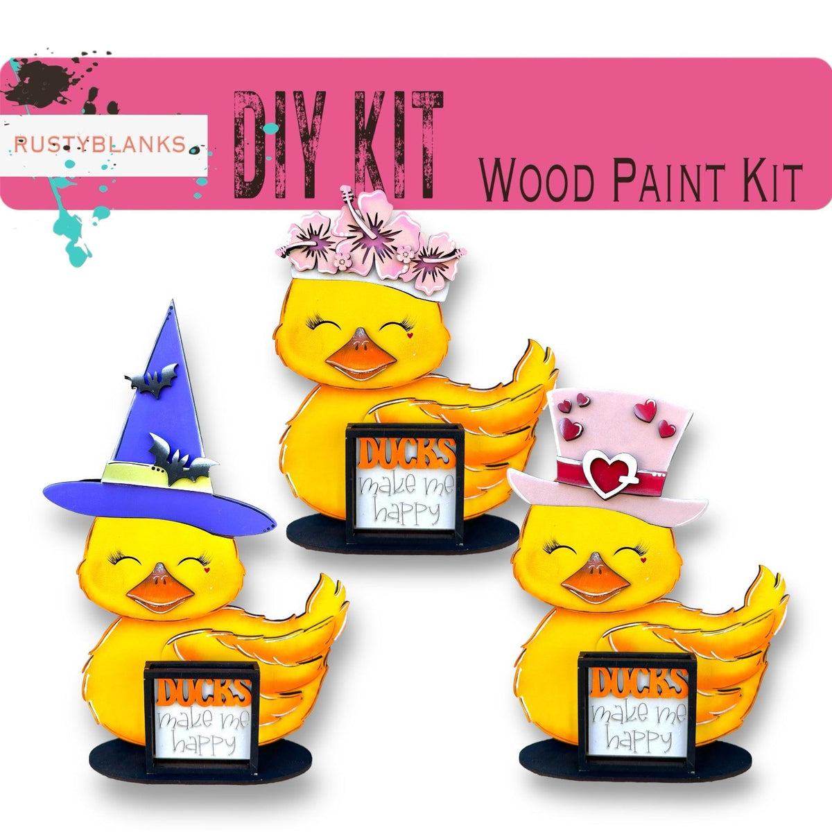three rubber ducks with hats on their heads