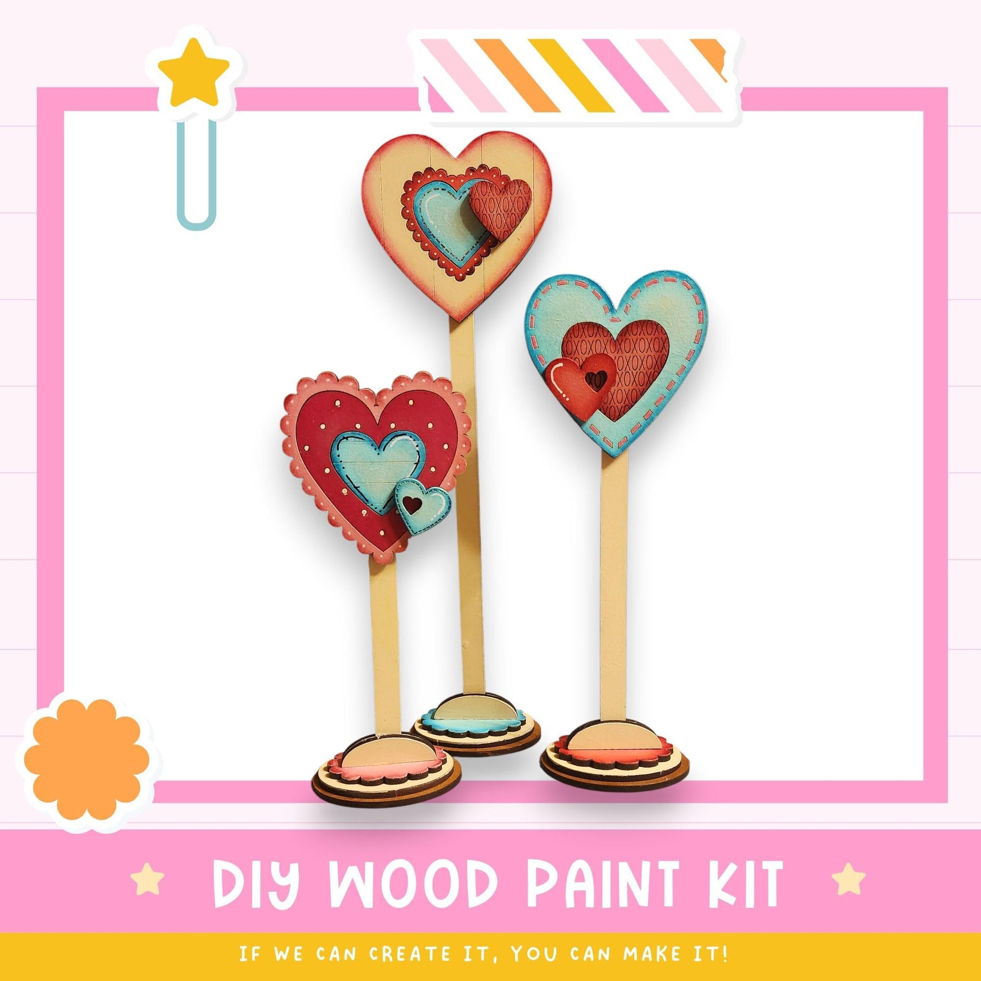The image is a promotional poster for a DIY wood paint kit, featuring three heart-shaped decorations made of wood sticks.