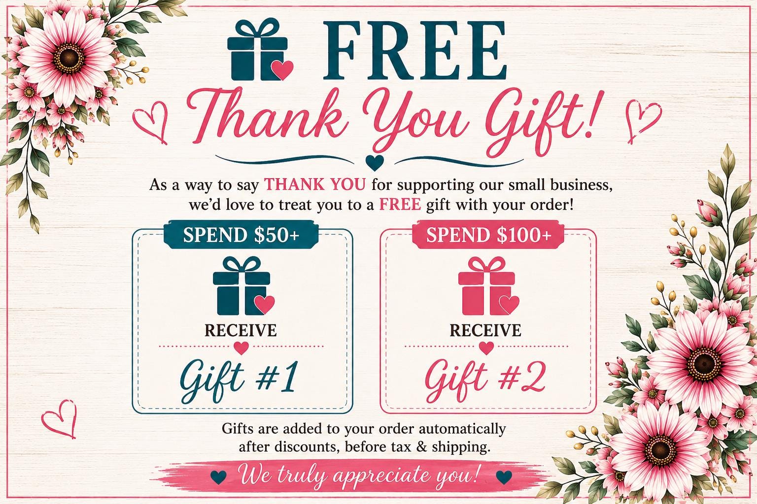 The image is a promotional graphic for a gift shop, featuring a "FREE Thank You Gift!" message and two gift options with different prices.