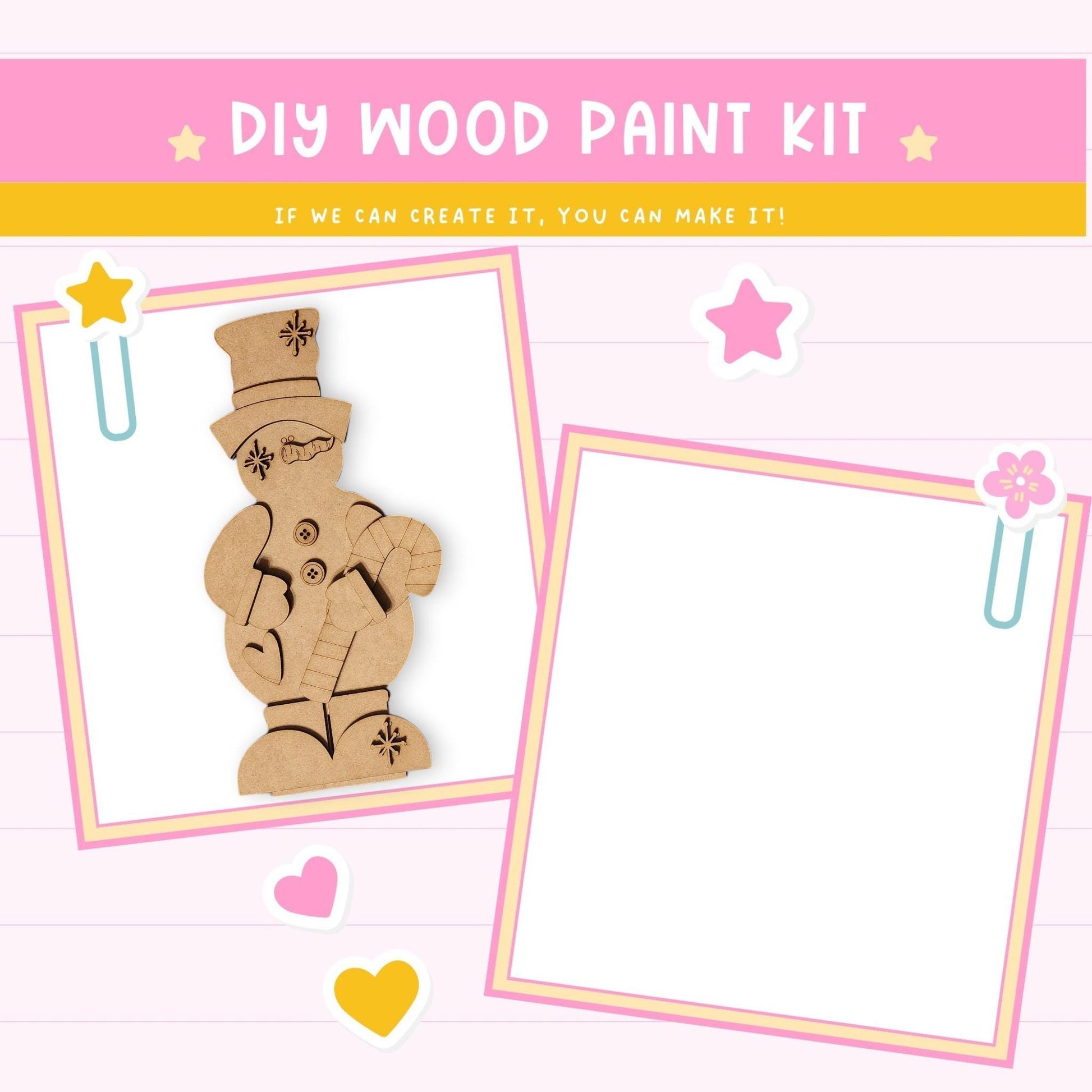 The image is a DIY wood paint kit with a snowman and a blank space for painting.