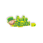 a sticker that says lucky leprechan with a leprechan