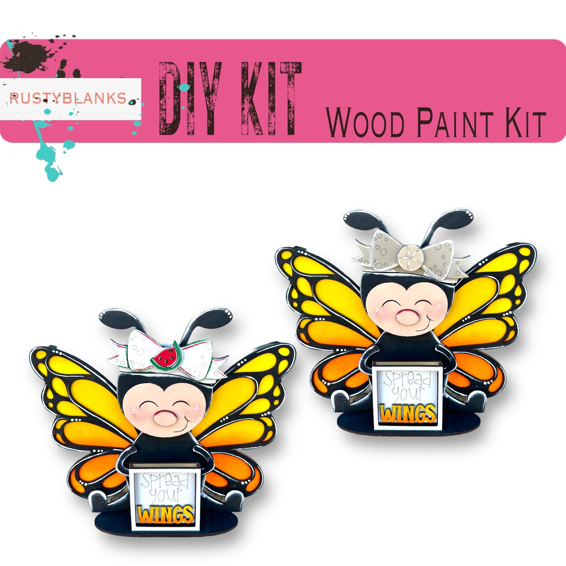 a pair of wooden pin badges with a picture of a butterfly