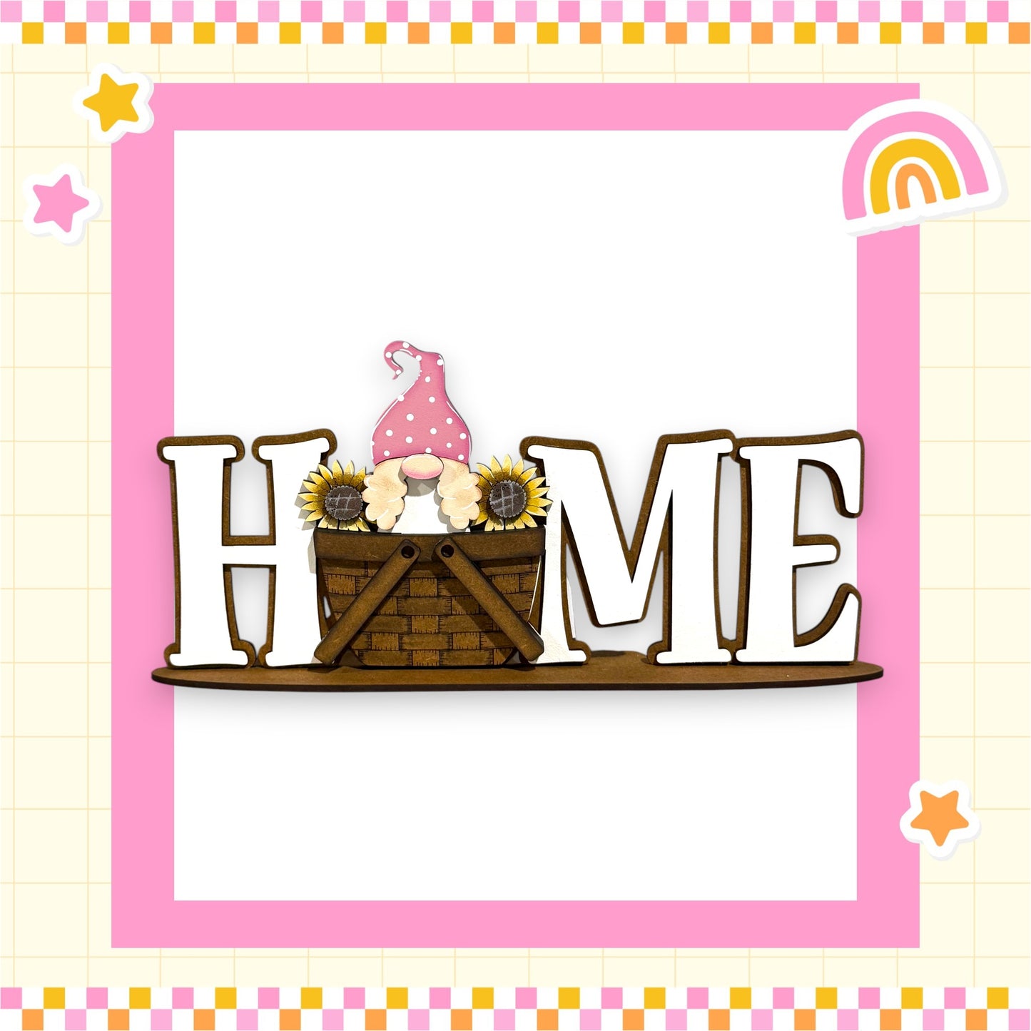 A gnome figurine is sitting in a basket filled with sunflowers, with the word "HOME" spelled out in a wooden sign below.