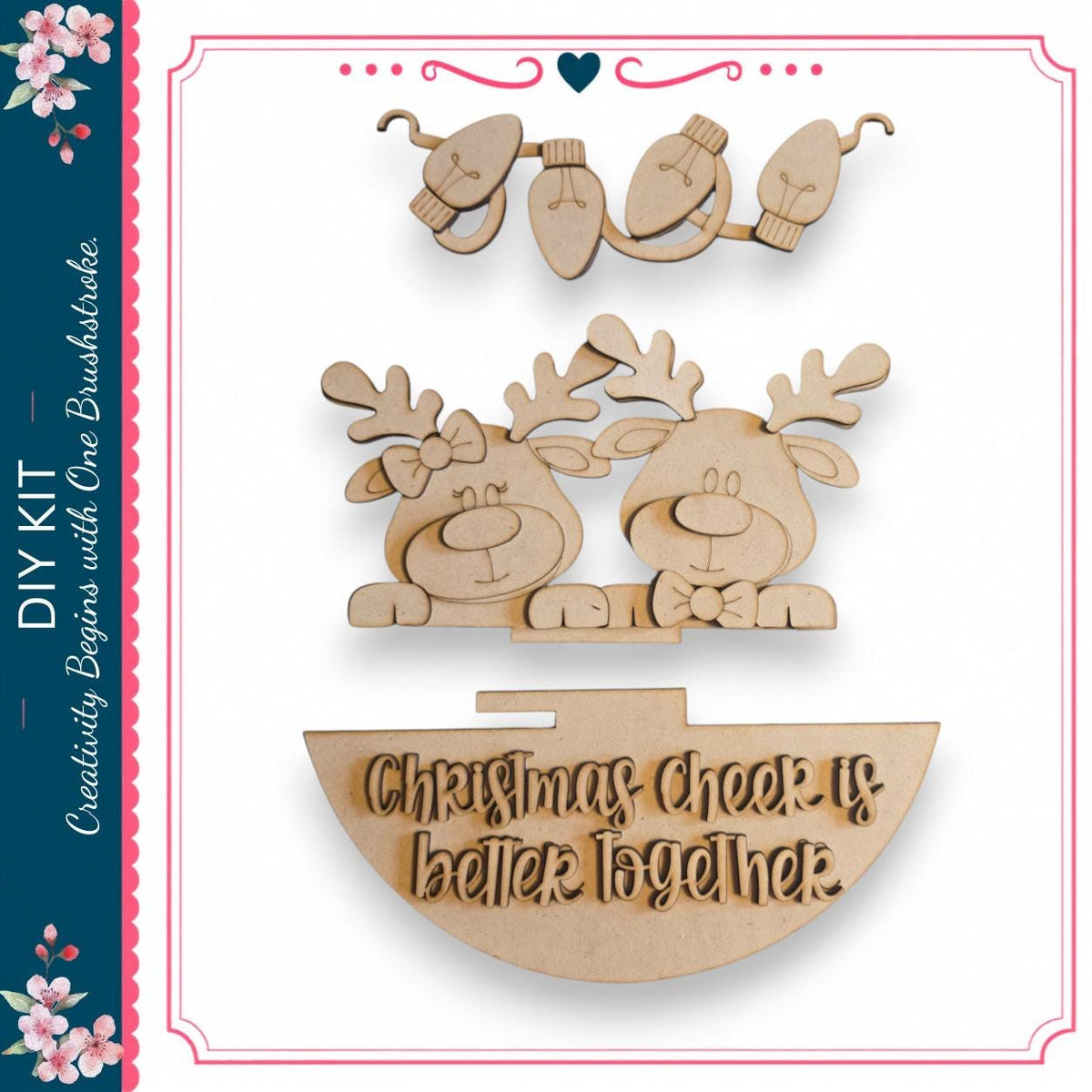 a DIY kit with a Christmas-themed decoration, including a pair of wooden reindeer, a wooden sign, and a wooden bow.