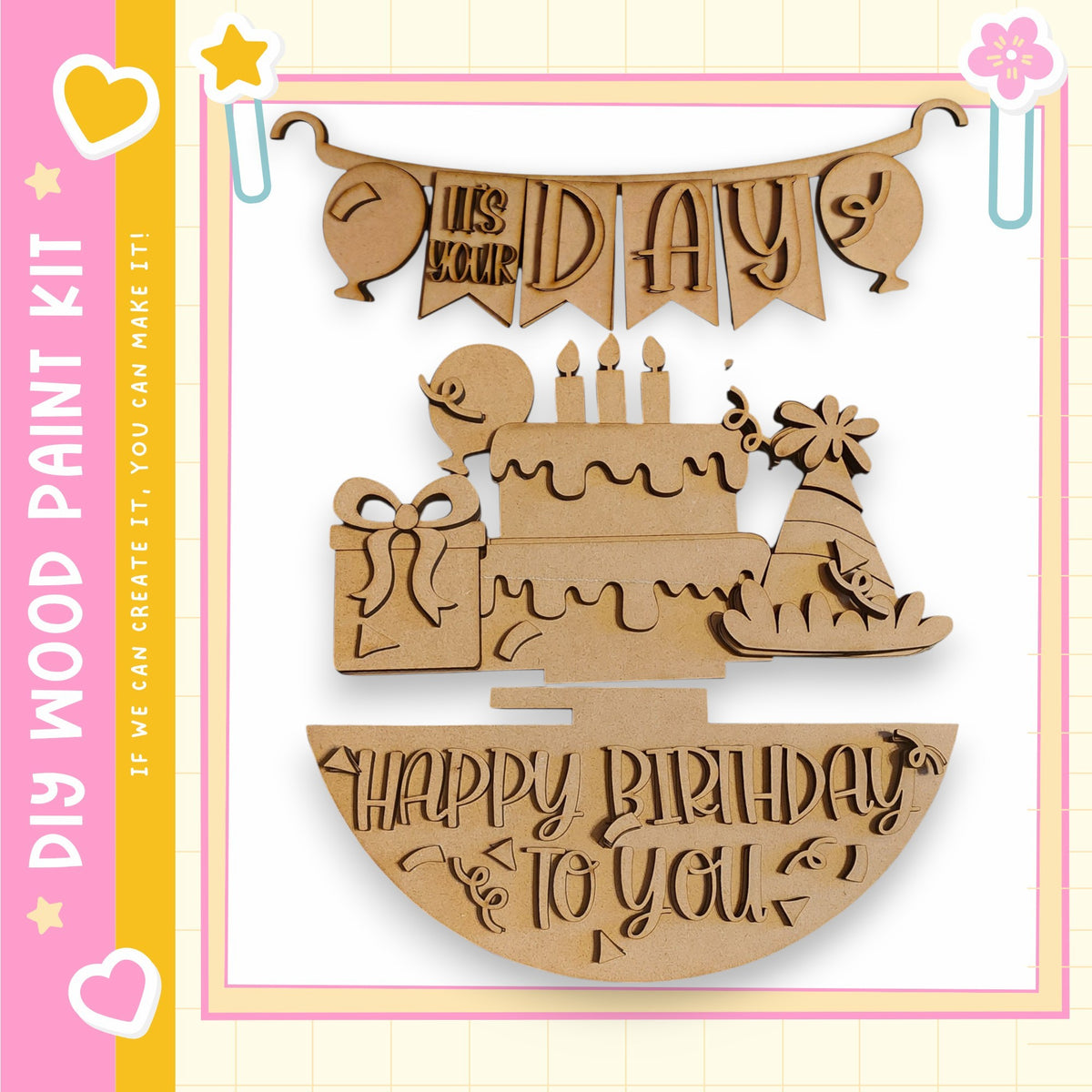 The image is a birthday-themed collage featuring a wooden banner with the phrase "Happy Birthday to You" and various birthday-related objects such as a cake, balloons, and a gift box.