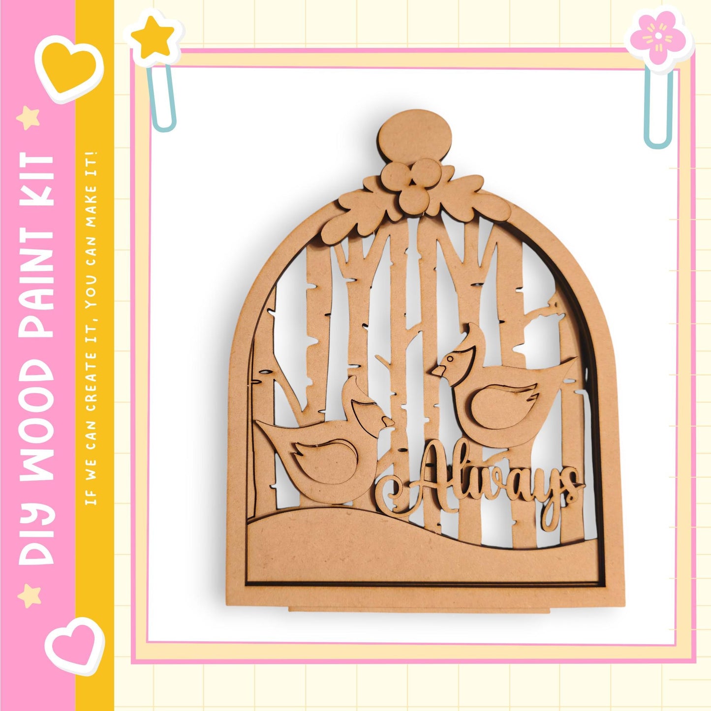 A wooden birdhouse with a bird design, surrounded by trees, is displayed in the image.