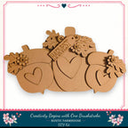 A wooden pumpkin decoration with hearts and leaves, featuring the word "Harvest" on it. The pumpkin is part of a larger wooden decoration set, and the image is described as a DIY kit from a rustic farmhouse.