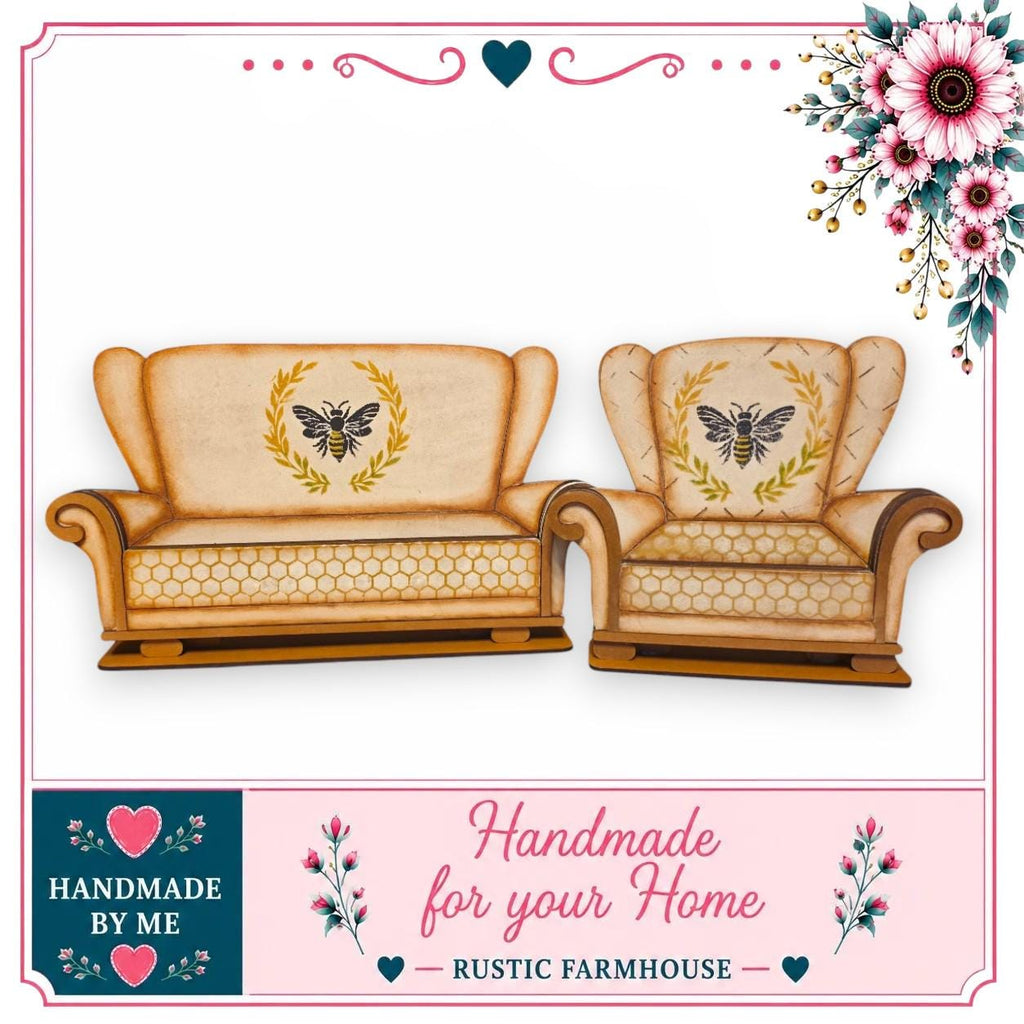 two beige armchairs with bee and honeycomb designs on them, set against a white background. The image is framed by a decorative border with floral elements.
