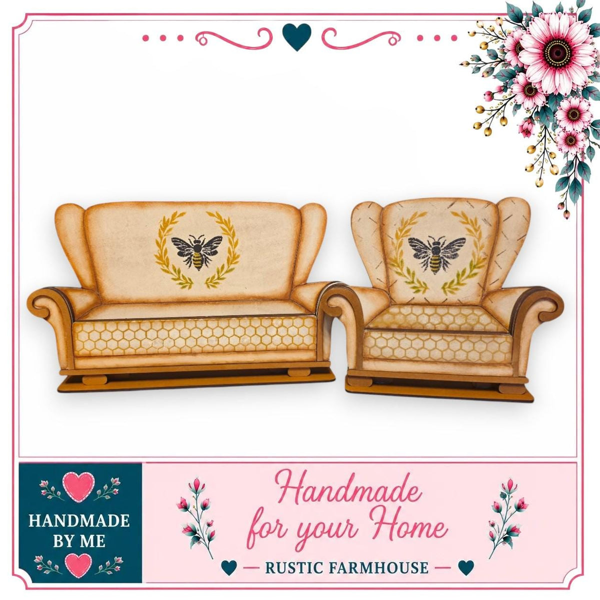 two beige armchairs with bee and honeycomb designs on them, set against a white background. The image is framed by a decorative border with floral elements.