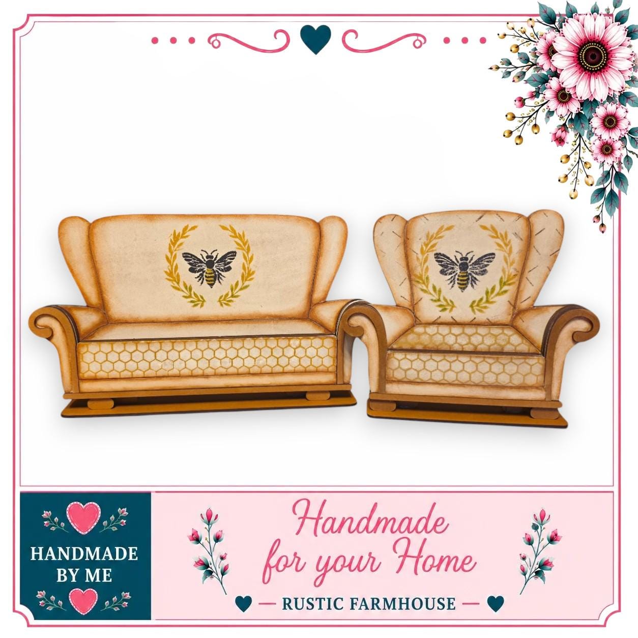 two beige armchairs with bee and honeycomb designs on them, set against a white background. The image is framed by a decorative border with floral elements.