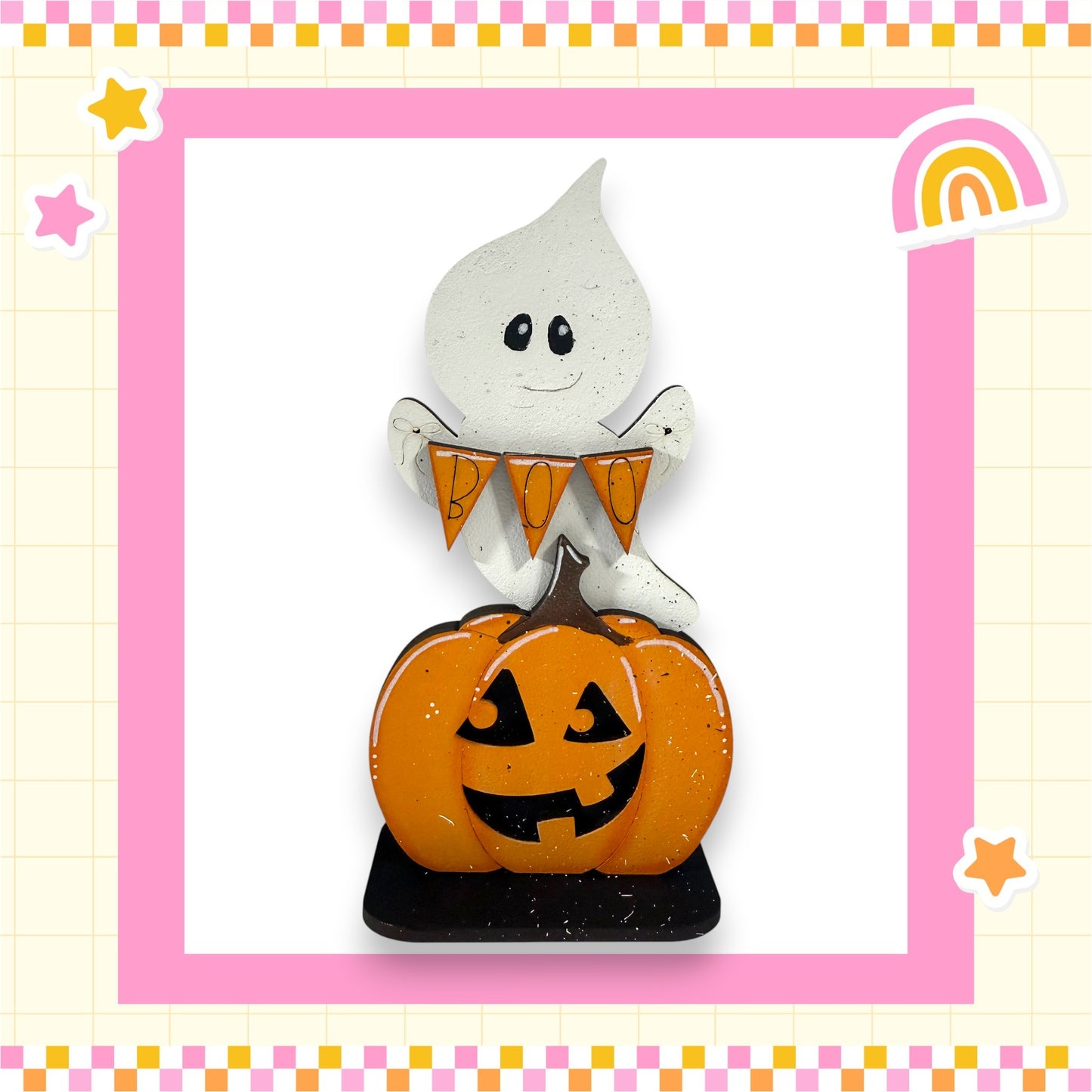 A Halloween-themed decoration featuring a ghost and a carved pumpkin.