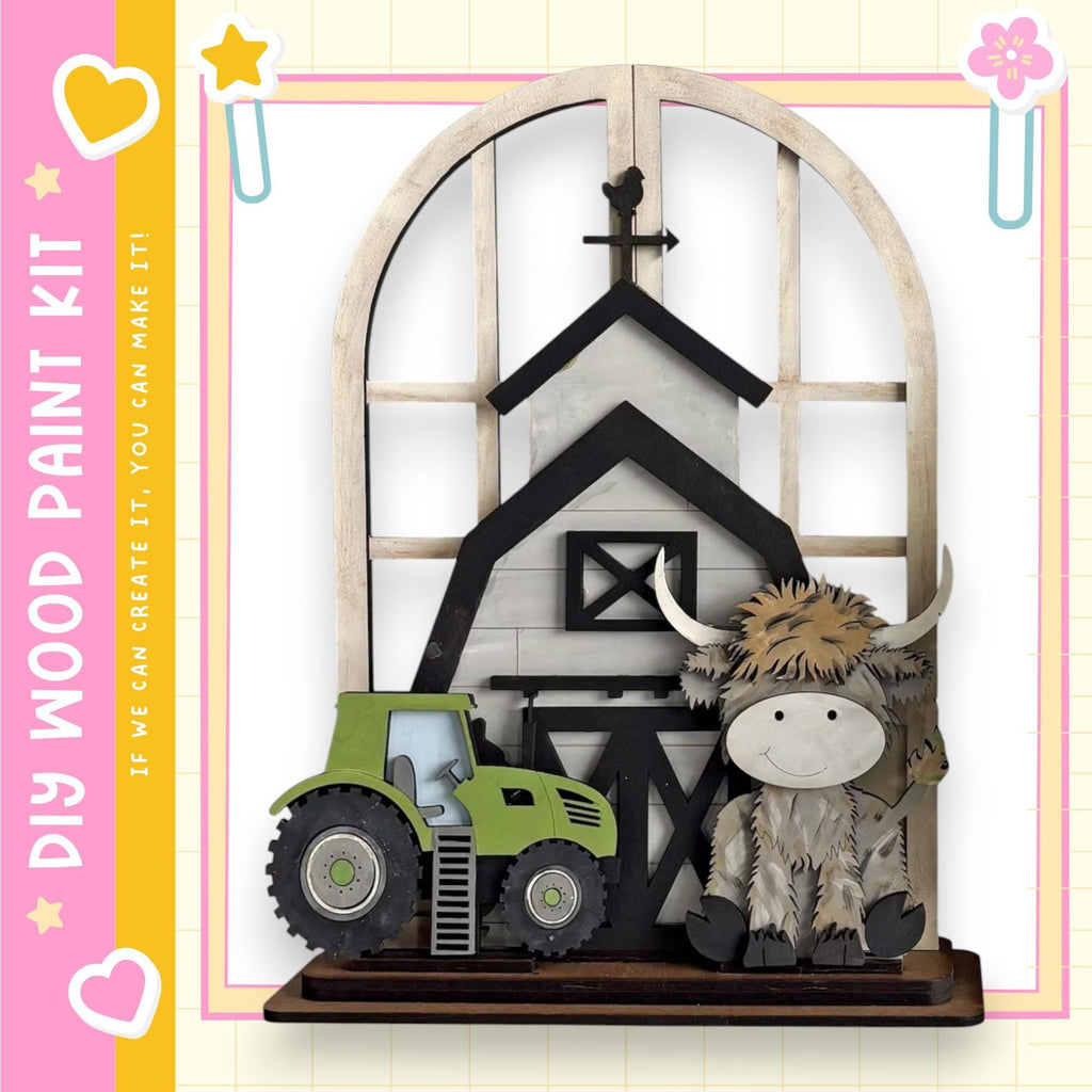 a wooden barn and a green tractor, with a smiling cow figure sitting next to the tractor.