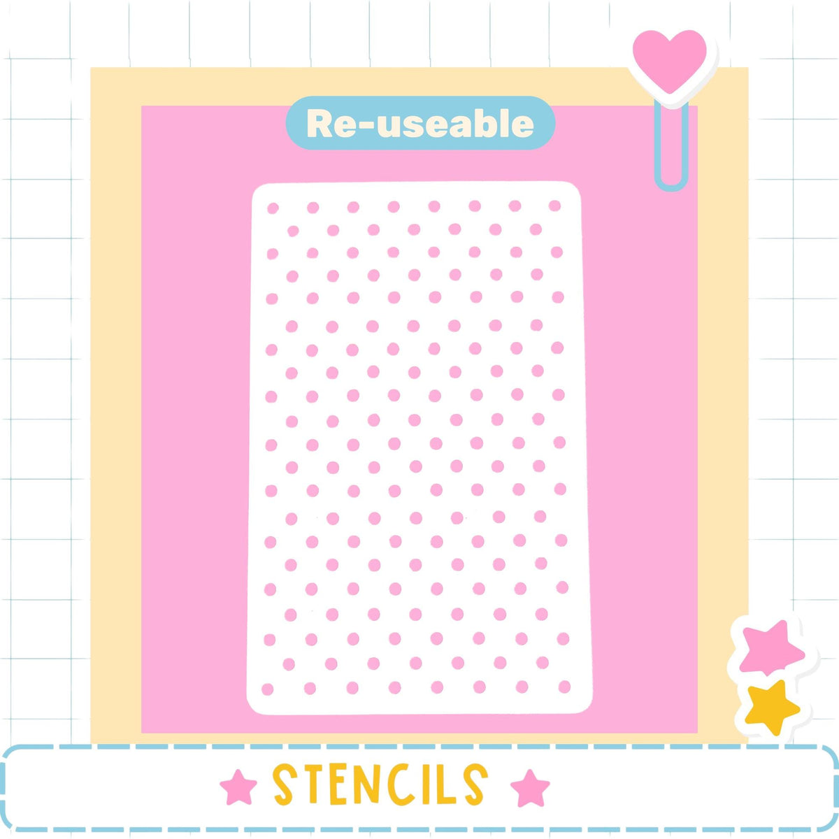 a pink background with a white polka dot pattern, and there is a heart-shaped object on the right side. The word "Re-useable" is displayed above the polka dots, and the word "STENCILS" is written at the bottom of the image.