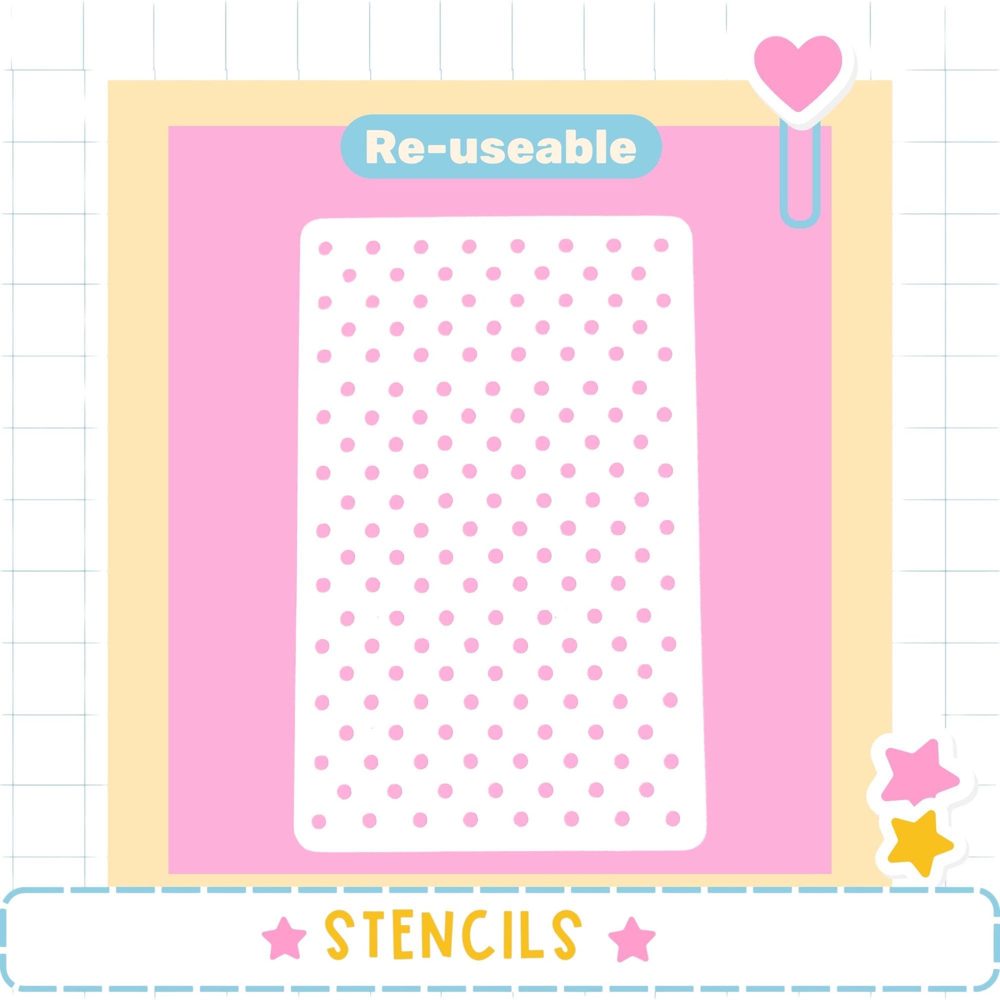 a pink background with a white polka dot pattern, and there is a heart-shaped object on the right side. The word "Re-useable" is displayed above the polka dots, and the word "STENCILS" is written at the bottom of the image.