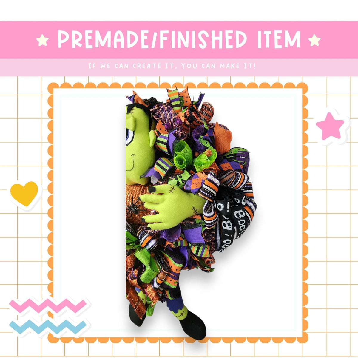 The image is a collage featuring a Halloween-themed wreath made of various colorful materials, including a green monster-like figure. The wreath is displayed against a background with a grid pattern.