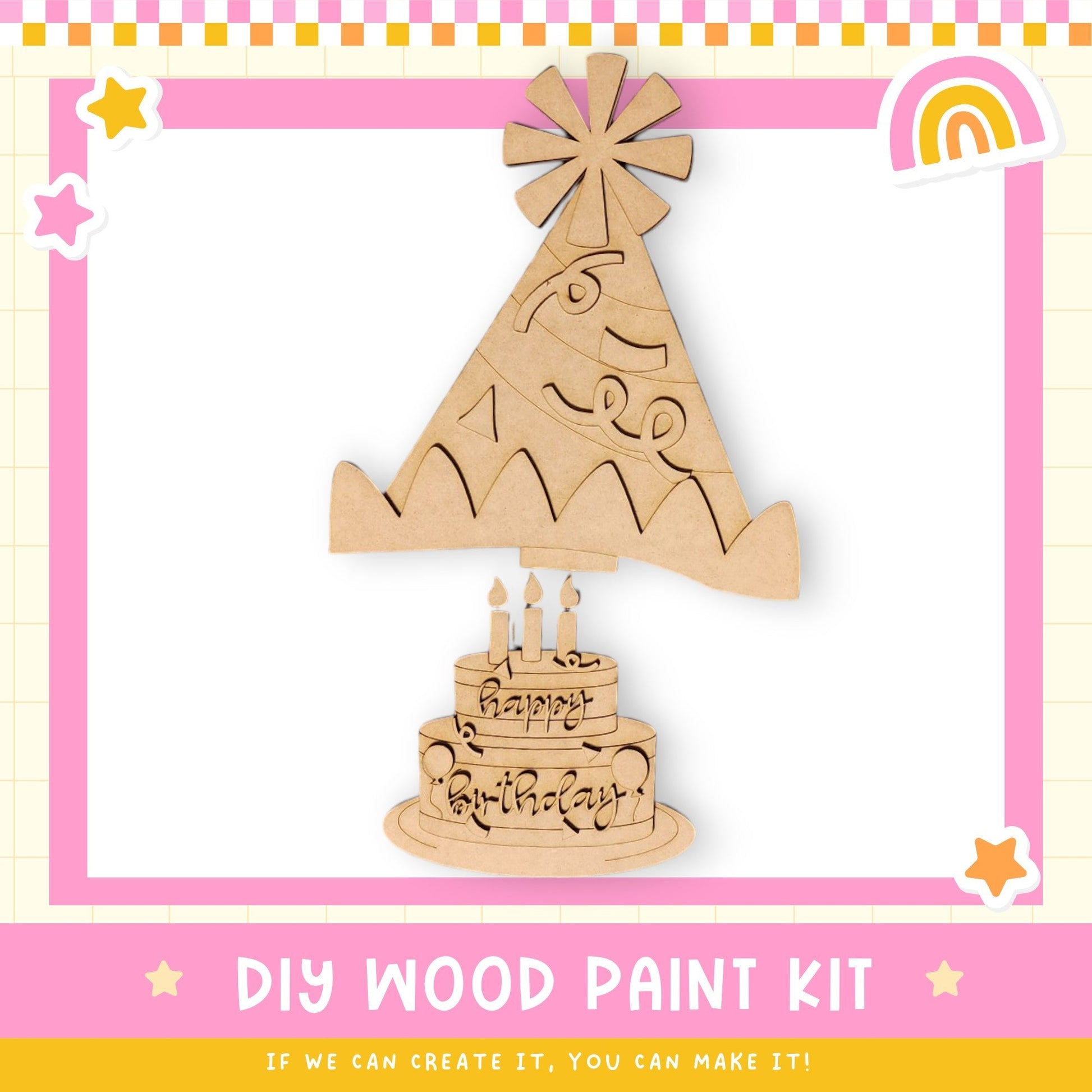 a wooden craft kit with a birthday cake