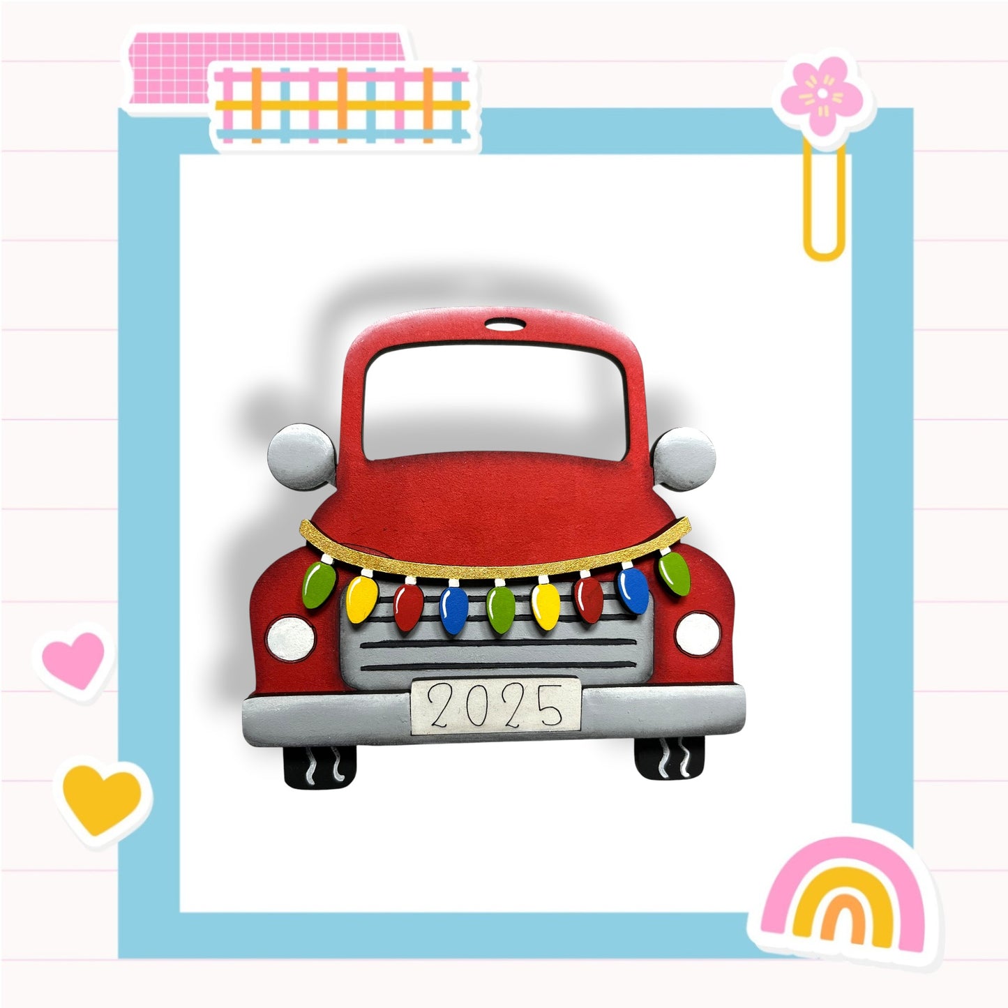 A red truck with a license plate reading "2025" is the central focus of the image, surrounded by various colorful and whimsical elements such as hearts, a flower, and a rainbow.