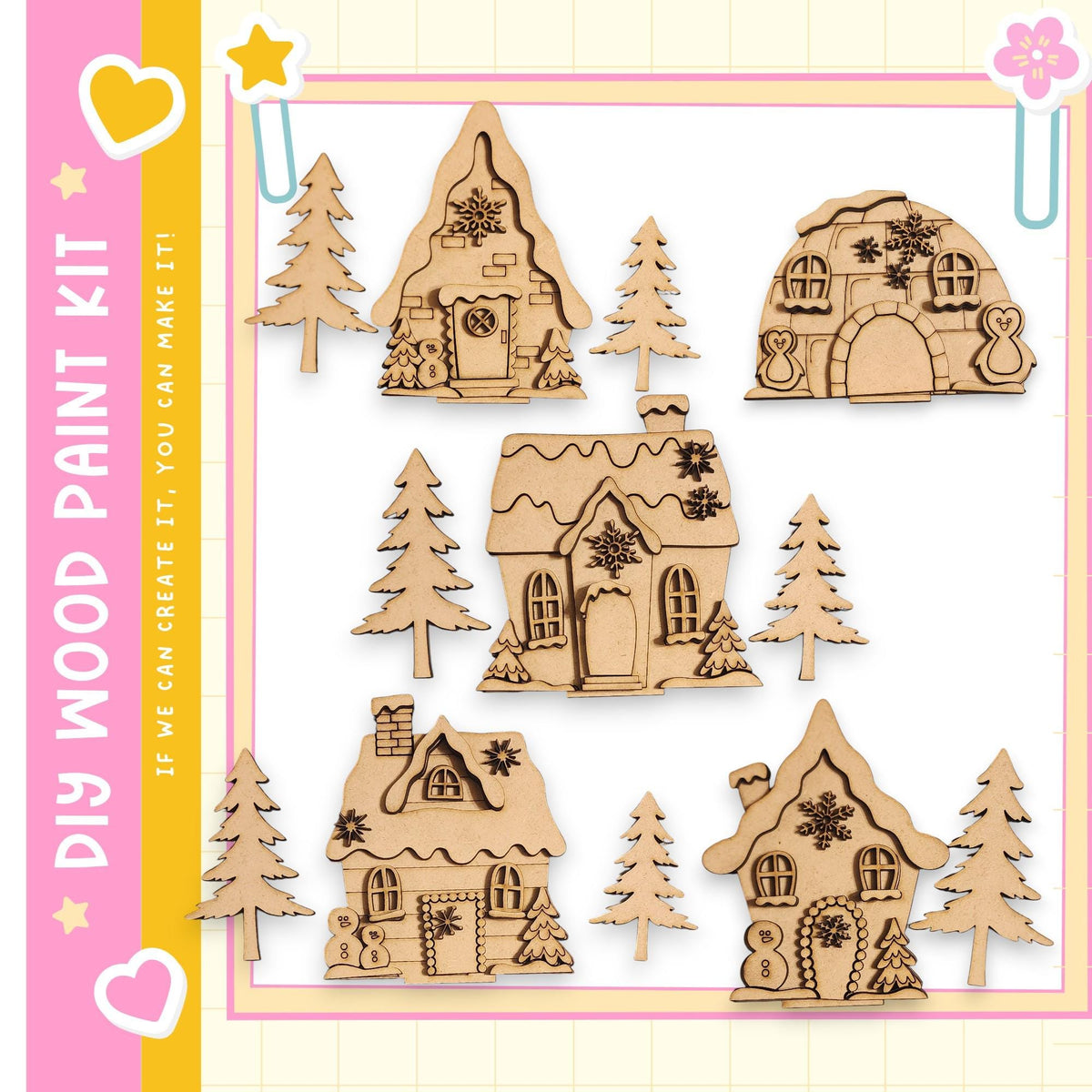 a collection of wooden cutouts depicting various holiday-themed houses and trees, arranged in a decorative manner.