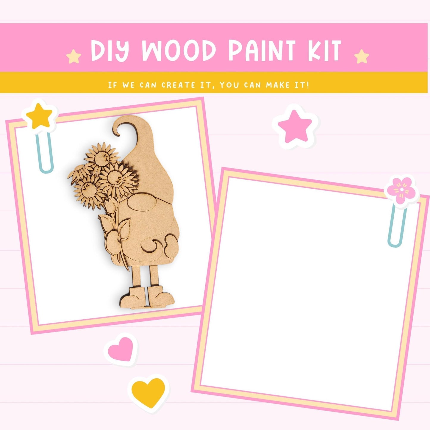 The image is a DIY wood paint kit featuring a wooden gnome holding flowers, with a blank white space frame and decorative elements such as hearts and stars.
