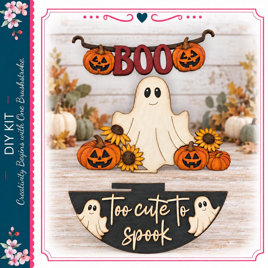 A Halloween-themed DIY kit featuring a wooden ghost, carved pumpkins, sunflowers, and a banner with the word "BOO".