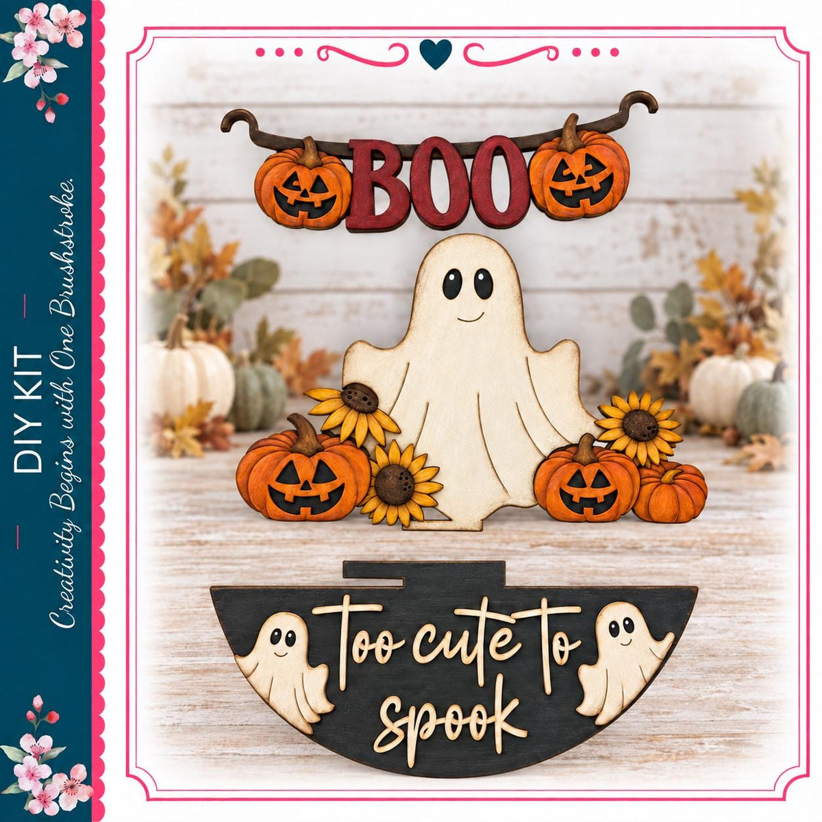 A Halloween-themed DIY kit featuring a wooden ghost, carved pumpkins, sunflowers, and a banner with the word "BOO".