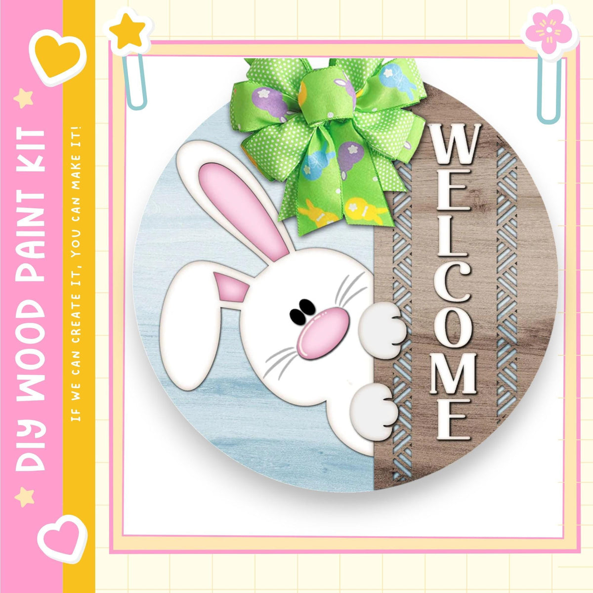 a round wooden sign with a cartoon rabbit and a green bow, along with the word "WELCOME" written on it.
