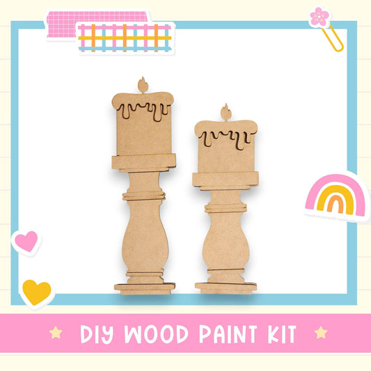 a DIY wood paint kit, with two wooden candle holders in the center. The kit is presented in a pink and blue frame, and the text "DIY WOOD PAINT KIT" is displayed at the bottom.