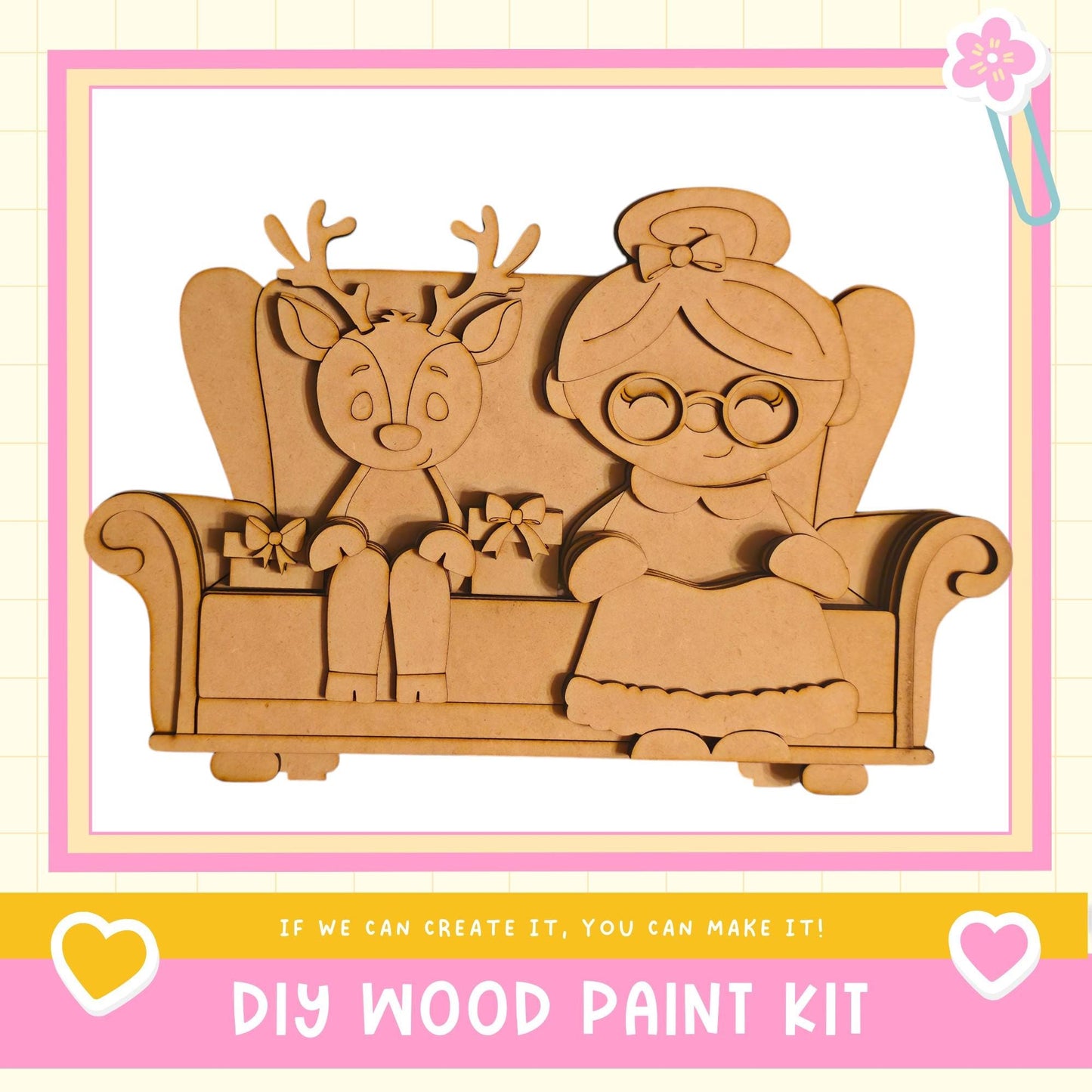 A DIY wood paint kit featuring a wooden reindeer and a wooden girl sitting on a wooden chair.