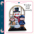 A snowman and two children standing in front of a window, with a heart-shaped design on the left side of the frame.