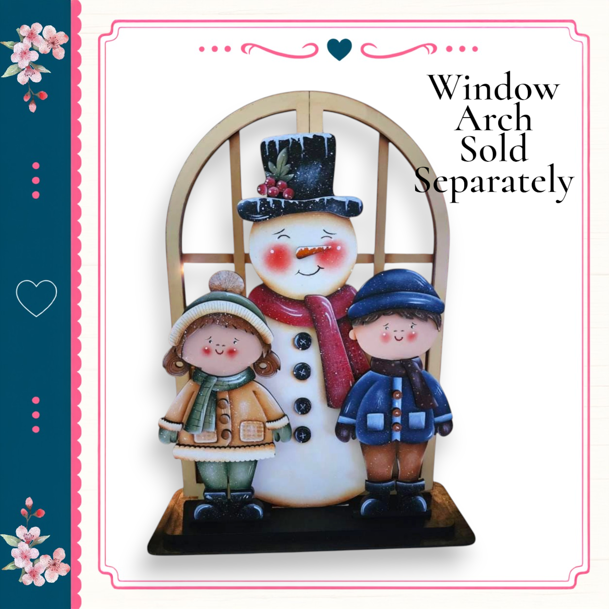 A snowman and two children standing in front of a window, with a heart-shaped design on the left side of the frame.