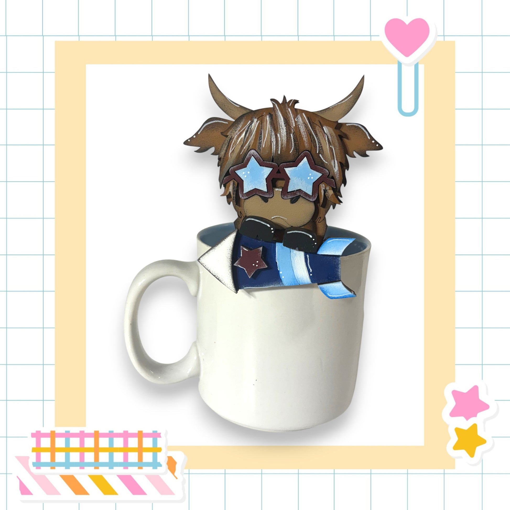 A mug with a cartoon character wearing sunglasses and a bow tie, sitting inside it.
