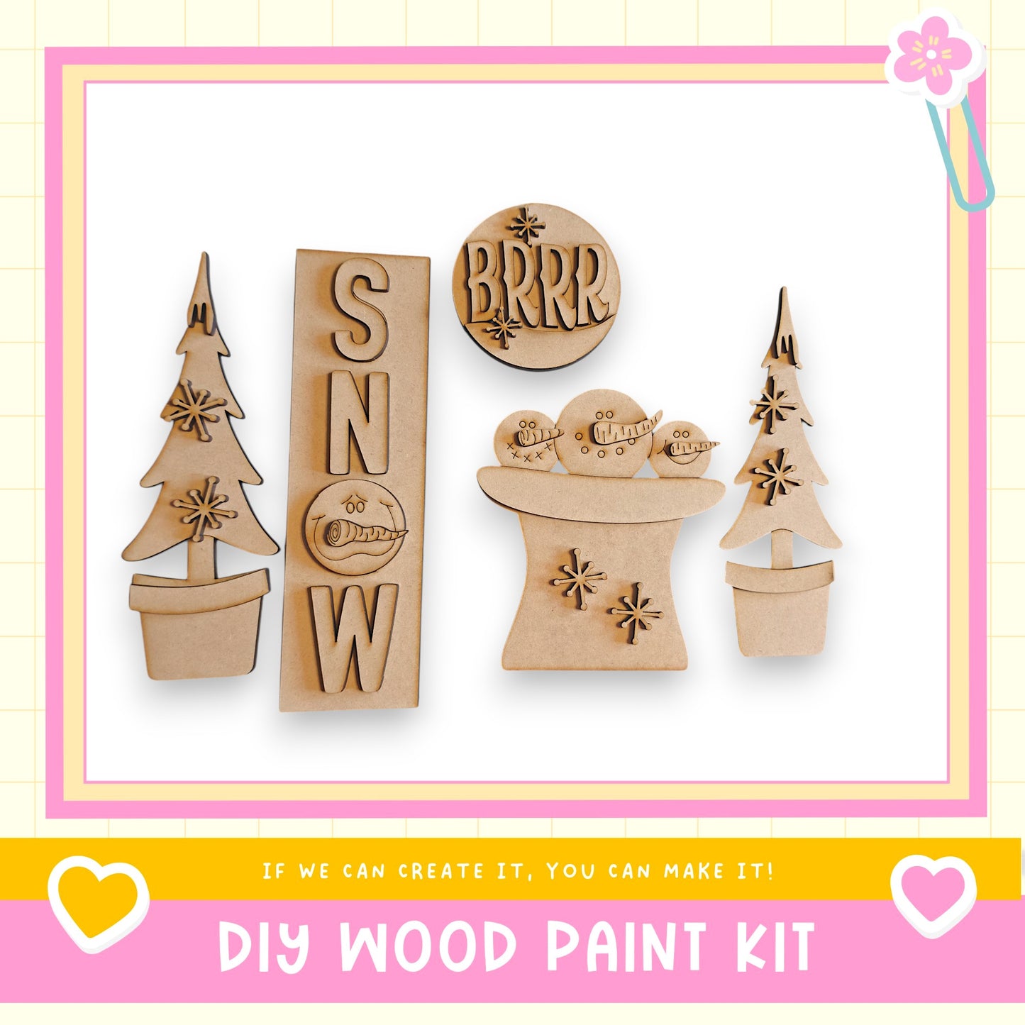 a DIY wood paint kit with various wooden shapes and decorations, including a snowman, a tree, and a snowflake.