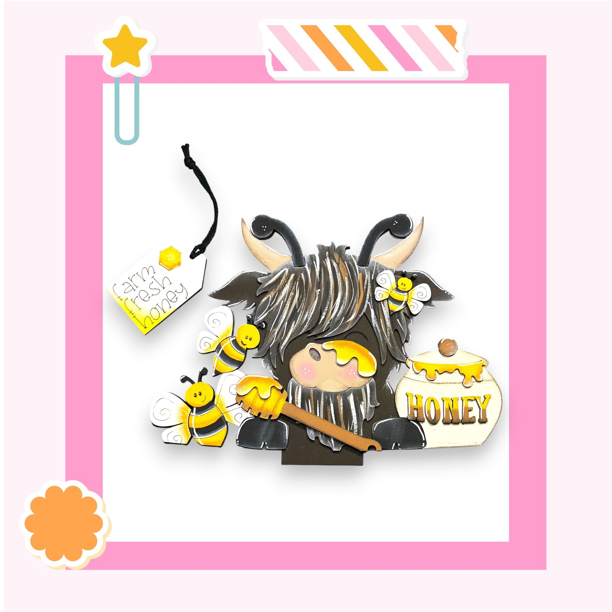A cartoon cow with a honey pot and honeybees is depicted in the image.