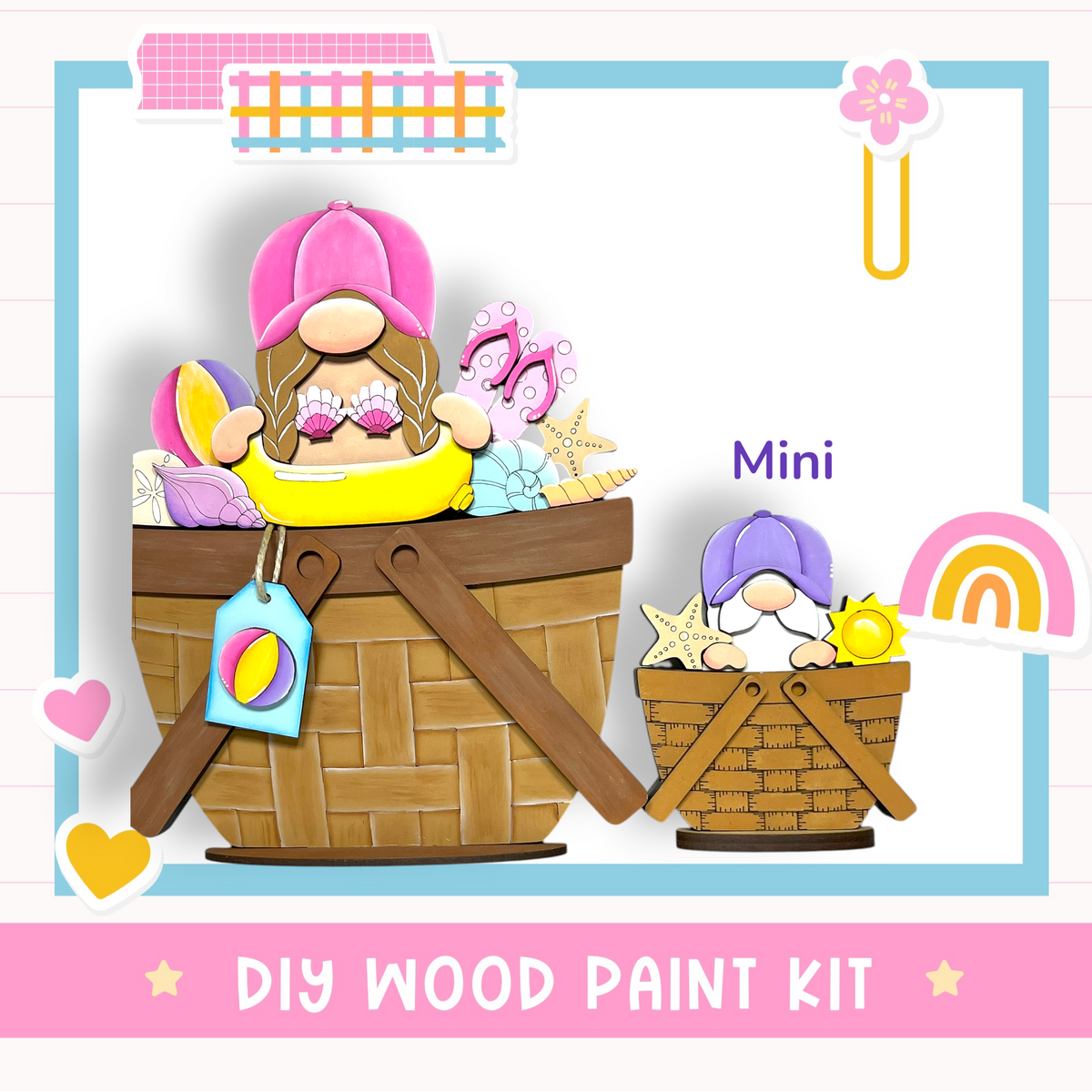 The image is a colorful illustration featuring two wooden gnomes in baskets, surrounded by various decorative elements such as flowers, stars, and hearts. The text "DIY WOOD PAINT KIT" is displayed, indicating that this is a DIY wood paint kit for creating wooden gnome decorations.