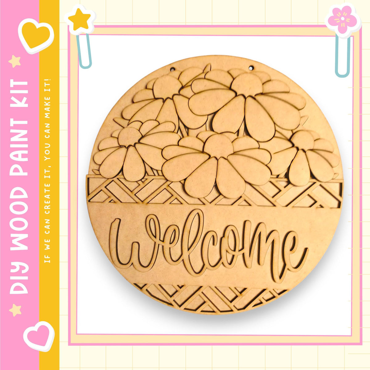 a wooden sign with the word "Welcome" carved into it. The sign is surrounded by a decorative border and is displayed against a pink and yellow background.