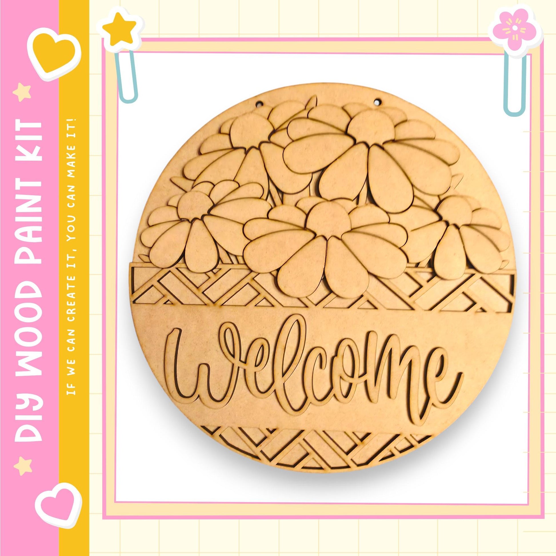 a wooden sign with the word "Welcome" carved into it. The sign is surrounded by a decorative border and is displayed against a pink and yellow background.