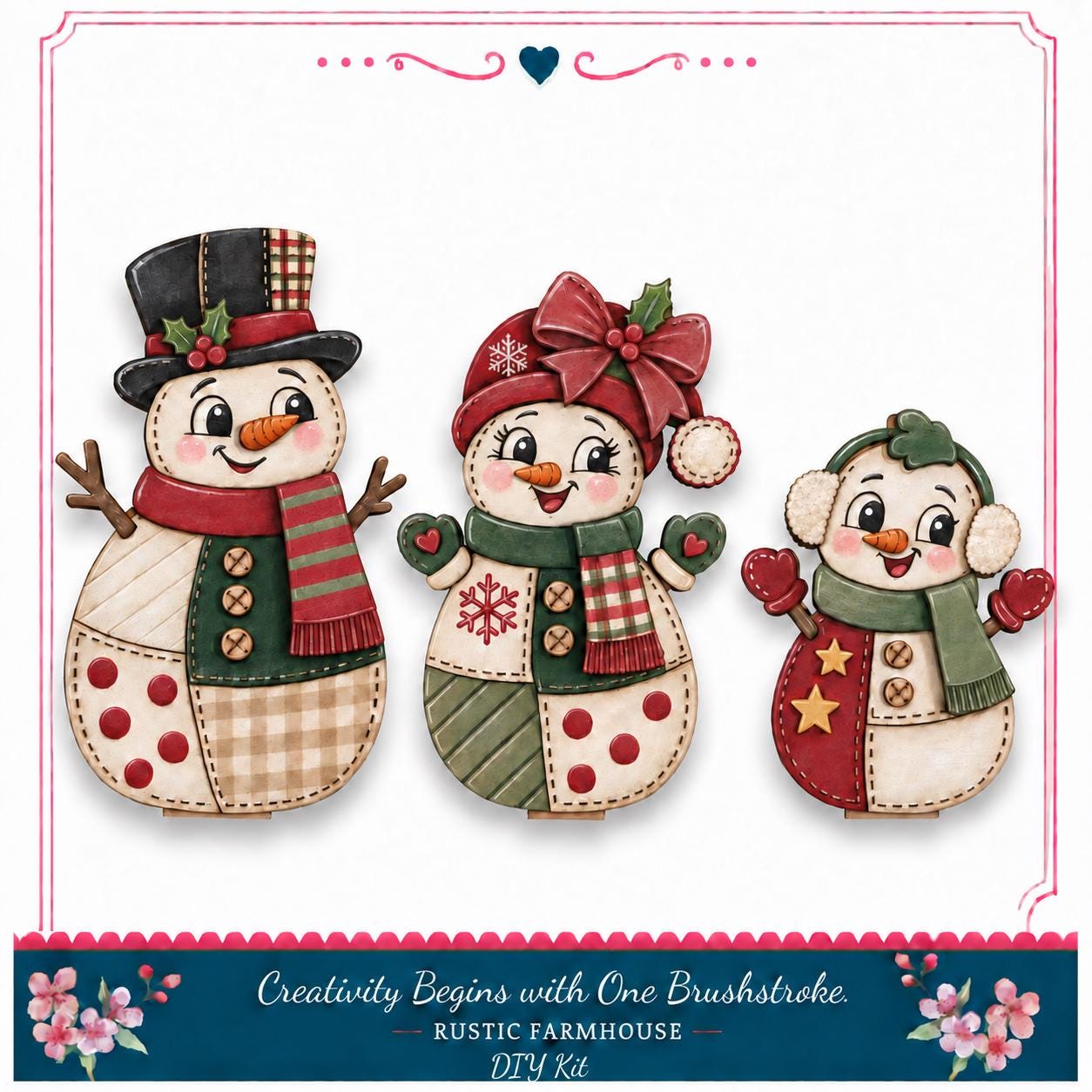 A collage of three snowman figures, each with unique clothing and accessories, set against a white background.