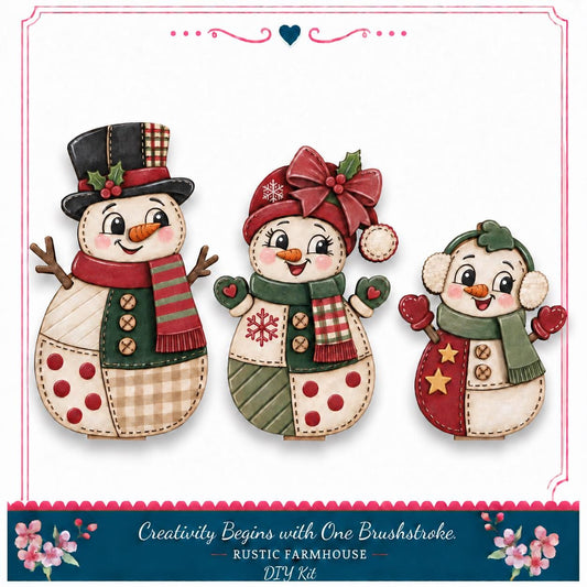 A collage of three snowman figures, each with unique clothing and accessories, set against a white background.