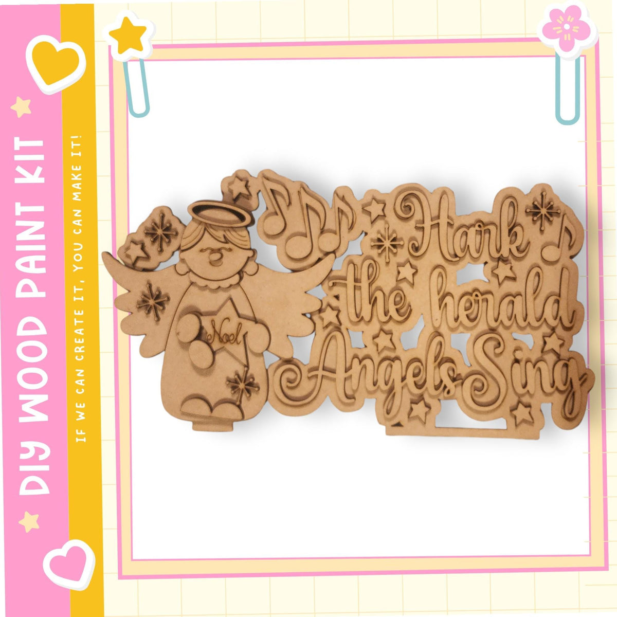 A wooden cutout of an angel with wings and a halo, along with the text "Hark! the herald angels sing" carved into it.